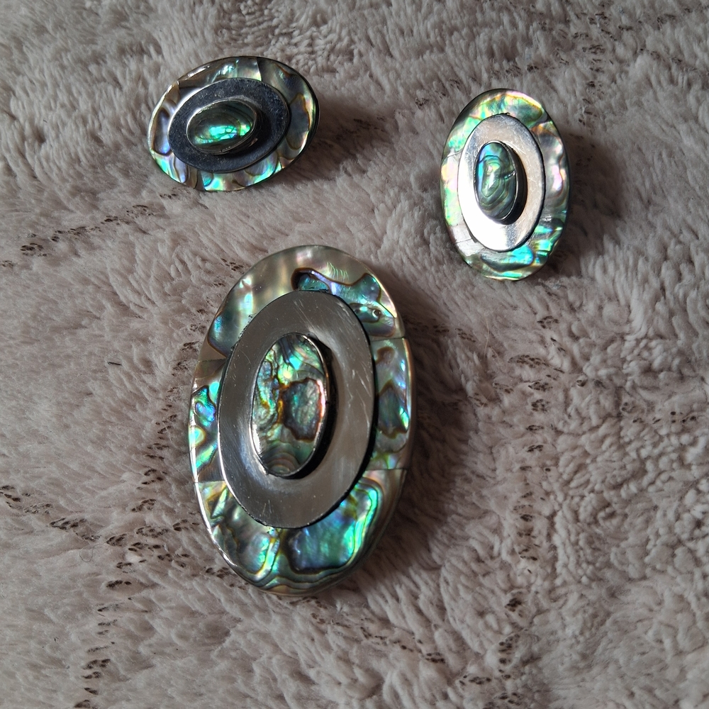 Vintage Silver & Abalone Shell Brooch and Earrings Set Peirced 1960s/1970s